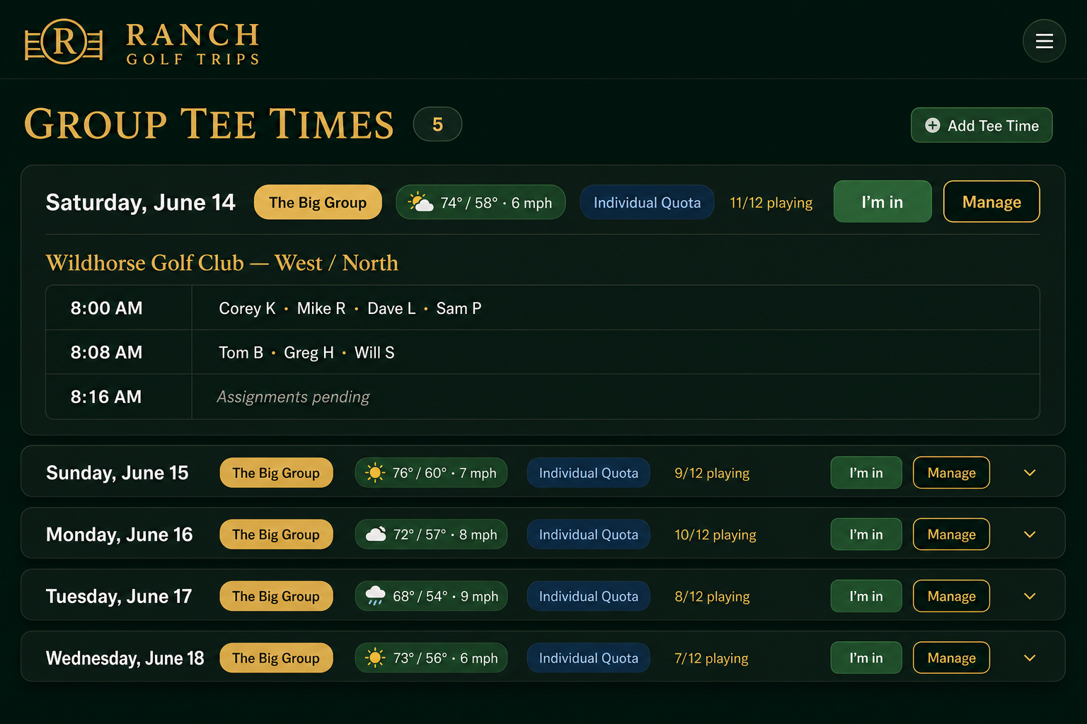 Group tee times dashboard showing upcoming rounds with weather, format, and RSVP buttons