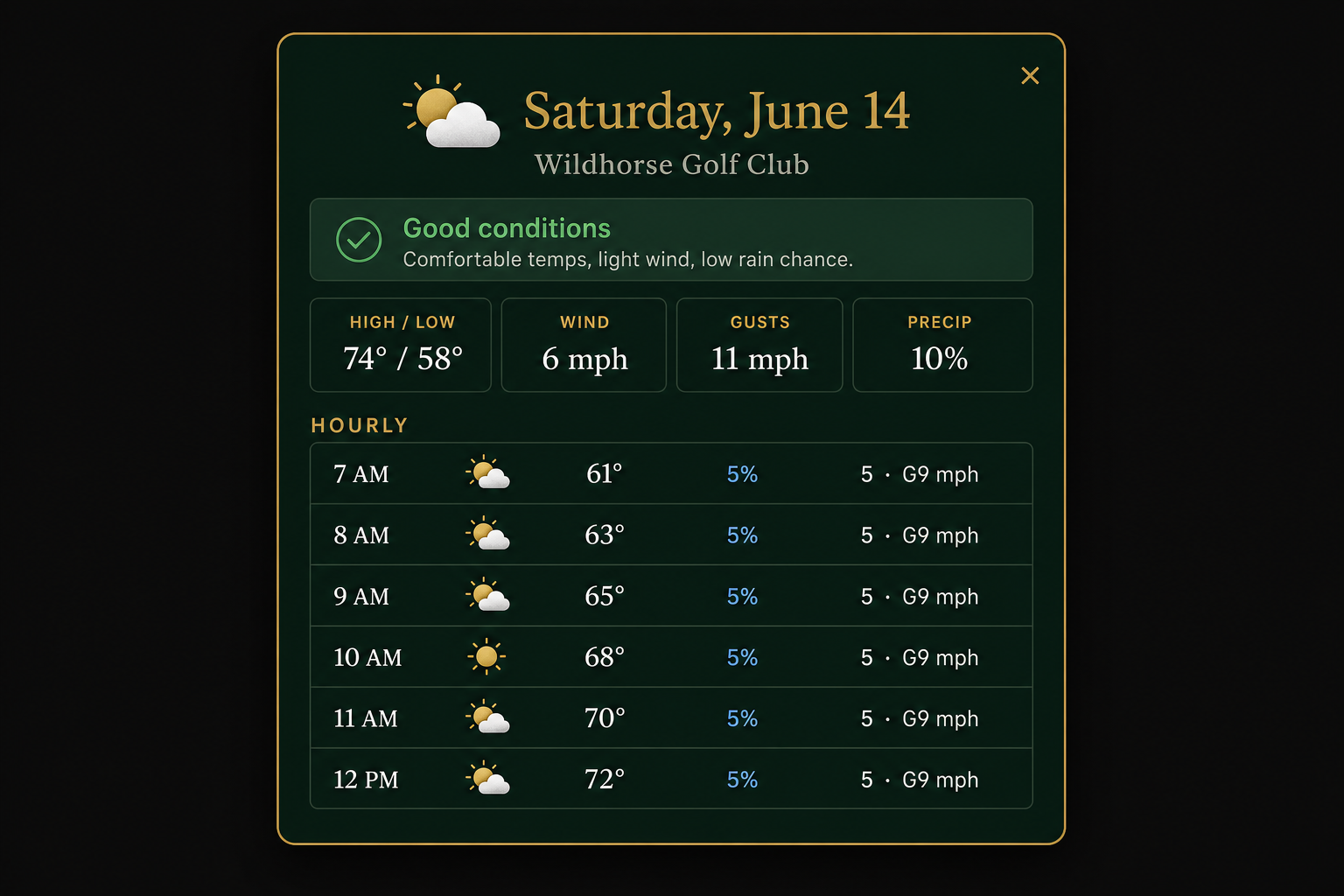 Weather detail modal with playability rating, high/low, wind, gusts, precip and an hourly forecast
